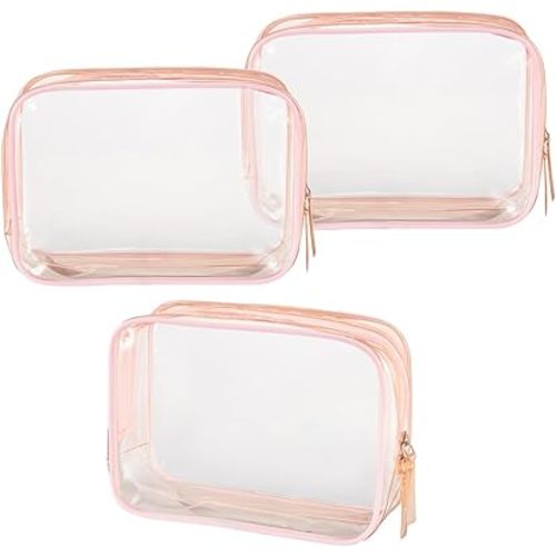 Clear Plastic Pink Zippered Toiletry Carry Pouch TSA Approved Toiletry Bag Portable Cosmetic Makeup Bag for Vacation, Bathroom and Organizing (Pink 3Pcs, Small)