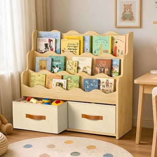 3-Tier Montessori Scalloped Kids Bookshelf with Drawer (30.51” Wide)