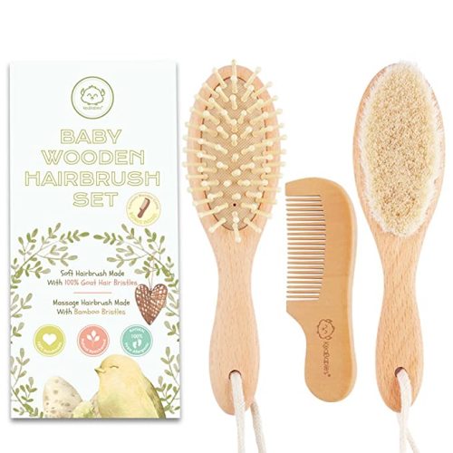 Baby Hair Brush and Comb Set for Newborn - Natural Wooden Hairbrush with Soft Goat Bristles for Cradle Cap - Perfect Scalp Grooming Product for Infant, Toddler, Kids - Baby Registry (Oval, Walnut)