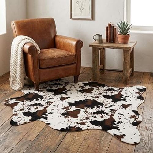 MustMat Brown Faux Cowhide Rug Western Cowboy Cow Print Fur Skin Area Carpet for Living Room 4'7" x 5'3"