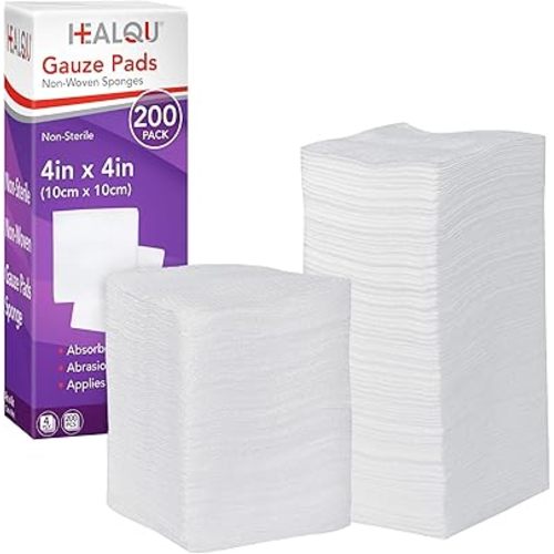 HEALQU 4x4 Gauze Pads - Bag of 200-4-Ply, Non-Woven Surgical Sponges - Super Absorbent Medical Gauze Sponges for Wound Dressing, Debridement, Cleaning, Prepping