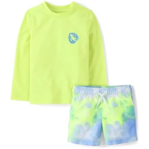 The Children's Place Baby Boys' and Toddler Long Sleeve Rashguard and Swim Trunks, 2 Piece Set