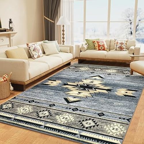 Western Rugs for Living Room, Non Slip Rustic Rug for Bedroom Dining Table Kitchen, Washable Aesthetic Area Rugs for Home Decor, 5ft x 7ft, Grey
