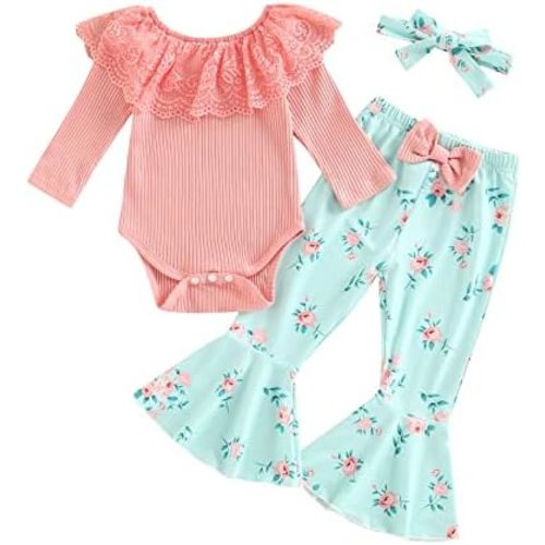 fhutpw Newborn Baby Girl Clothes Infant Rib Frill Long Sleeve Romper Flared Pants Headband Set 3pcs Fall Winter Outfits