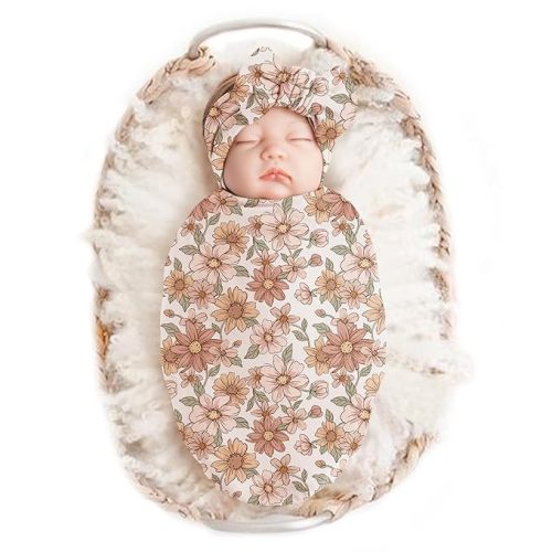 Konssy Baby Girl Newborn Receiving Blanket with Headband Set Baby Swaddle Nursery Swaddle Wrap