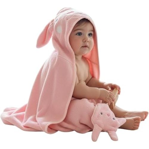 Hooded Baby Towel with Mitt - Ultra Soft Plush Bath Essential for Newborn, Infant & Toddler - Premium 30x30 Inch Large Absorbent Baby Bath Towels with Hood for Boys & Girls (Cute Bunny)