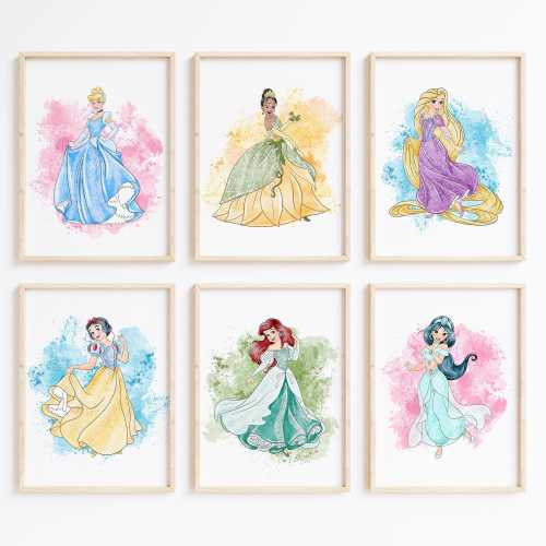 Nistio™ Disney Princess Wall Art Prints, Girls Room Wall Art, Rapunzel, Ariel, Tiana, Jasmine, Snow White (Unframed, Set of 8)