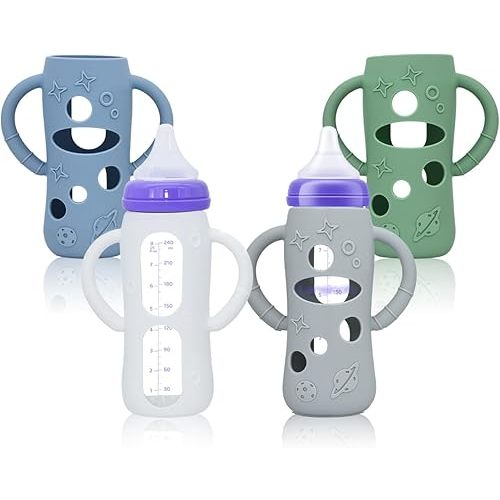 4 Pack Silicone Bottle Sleeves for Lansinoh Glass Baby Bottles (Old Style), 8 oz, Anti-Slip Protective Covers with Handles, Baby Essentials(Bottles Not Included)