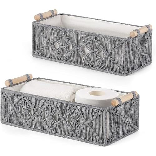 Mkono Macrame Storage Baskets Boho Decor Box Handmade Woven Decorative Countertop Toilet Tank Shelf Cabinet Organizer for Bedroom Livingroom Home, Set of 2, Grey