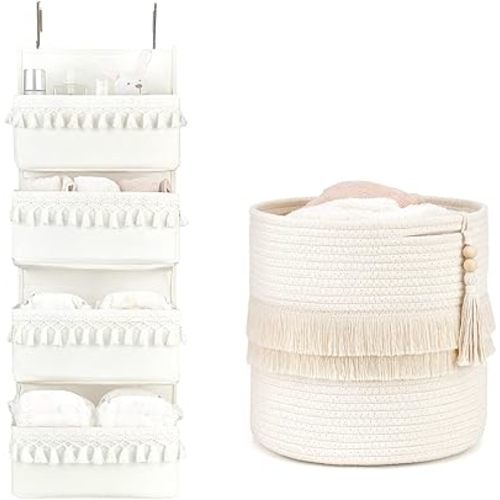 Dahey Over The Door Organizer with 4 Pockets and Macrame Decorative Cotton Rope Storage Basket Boho Nursery Decor for Bathroom, Bedroom, Dorm