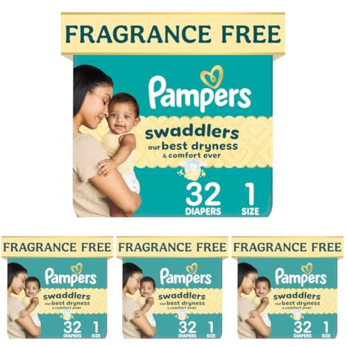 Pampers Swaddlers Diapers, Size 1 (8-14 lbs), 32 Count, Fragrance Free, Hypoallergenic, Absorbent, Pediatrician Recommended, Skin Safe (Pack of 4)