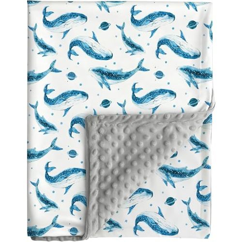 Ocean Baby Blanket Blue Whale Gender Neutral Minky Blankets for Newborn Baby Girls or Boys Undersea World Nursery Toddler Double Layer Blanket with Dotted Backing Sea Animal Printed (White)