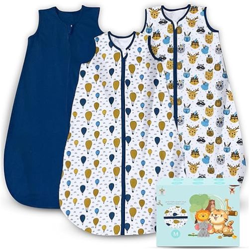 Cute Castle Baby Sleep Sack 0-6 Months - Lightweight 100% Cotton 2-Way Zipper TOG 0.5 Infant Wearable Blanket, Newborn Essentials Toddler Sleep Clothes, 3 Pack(Blue, Balloons, Animals)