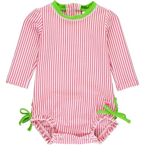RuffleButts Baby/Toddler Girls Seersucker Long Sleeve One Piece Rash Guard Swimsuit with UPF 50+ Sun Protection