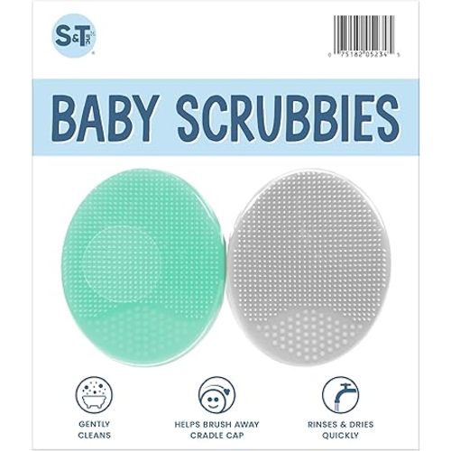 S&T INC. Exfoliating and Massaging Cradle Cap Bath Brushes for Baby, Silicone - 2 Inch x 2.5 Inch, Grey and Teal, 2 Pack
