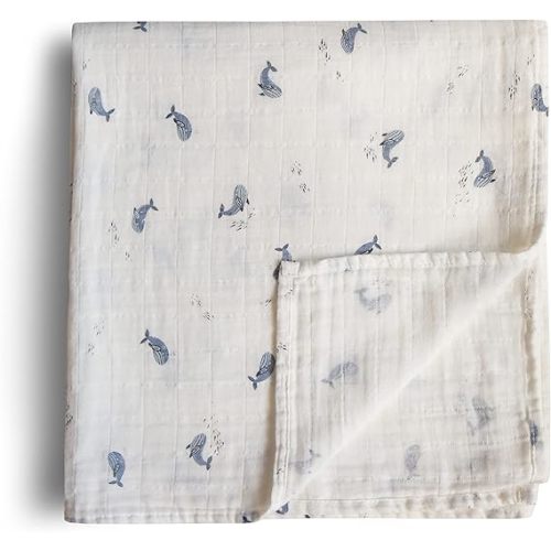 mushie Muslin Baby Swaddle Blanket | 100% Organic Cotton (Whales)