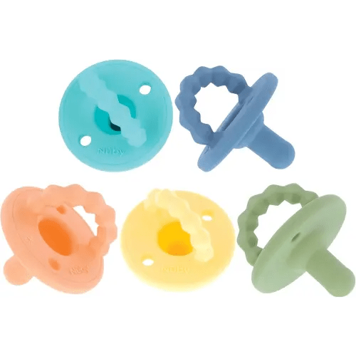 Nuby Silicone Softees Pacifier and Teethers - (5-Pack) Silicone Baby Pacifiers and Teethers - 0+ Months - Assorted Colors