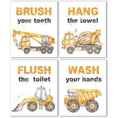 IIILUYOT Kids Funny Truck Bathroom Wall Poster Decor Gift, Toddler Room Cartoon Art Print Construction Truck Construction Transport Vehicle Wash Your Hands Brush Your Teeth Poster 4Pcs 8”X10” UnFrame