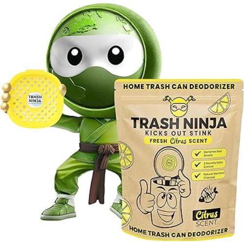 Trash Ninja Trash Odor Eliminator – Long-Lasting Citrus Scent Deodorizer with Activated Charcoal, Stick-On Freshener for Garbage Can, Fridge, Bathroom, Kitchen, and Diaper Pail Odors