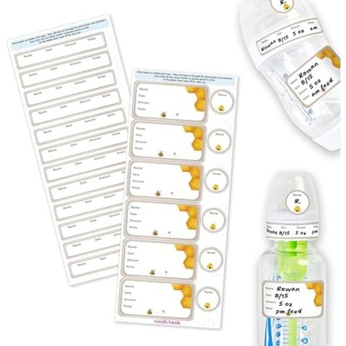 Mabel’s Labels Baby Bottle Labels – 24 Customizable Write-and-Wipe Name Labels for Daycare, Milk Storage & Bottles – Reusable, Dishwasher, Sterilizer & Microwave Safe – Honey Bee