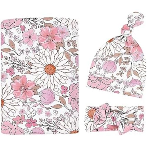 Newborn Swaddle Set with Matching Headband Hat and Bow Set Floral Baby Girl Newborn Receiving Blankets Baby Swaddle Nursery Wildflower Baby Blanket