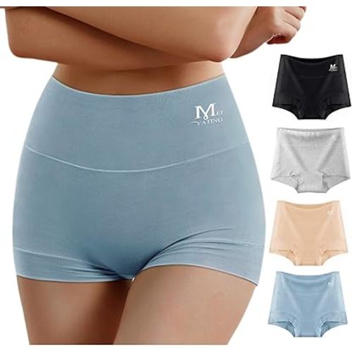 MEIYATING Boy Shorts Underwear for Women High Waisted Cotton Panties Stretch Briefs 4 Pack Plus Size
