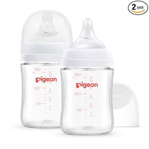 Pigeon Glass Baby Bottles Wide Neck, 5.4 Oz, Pack of 2 | Borosilicate Glass, Anti-Colic Bottle, Natural Feel, Safe Feeding, Easy to Clean, Includes 2pcs SS Nipples (0M+)