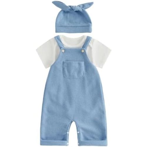 Baby Boy Girl Outfit Newborn Waffle Knit Overalls Infant Romper and Cute Beanie Hat 3pcs Sets