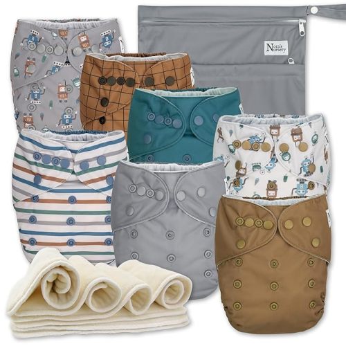 Nora's Nursery Cloth Diapers 7 Pack with 7 Inserts & 1 Wet Bag - Waterproof Cover, Washable, Reusable & One Size Adjustable Pocket Diapers for Newborns and Toddlers -Geared up