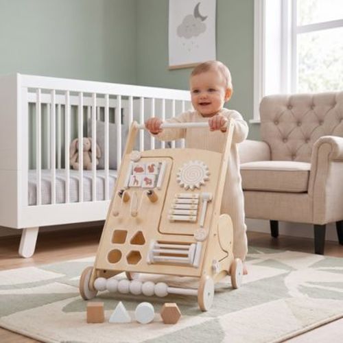 Avenlur Wooden Baby Activity Walker with Sensory Play, Montessori Push Walker & Learning Activity Center, Solid Wood, Ages 9 Months+, White