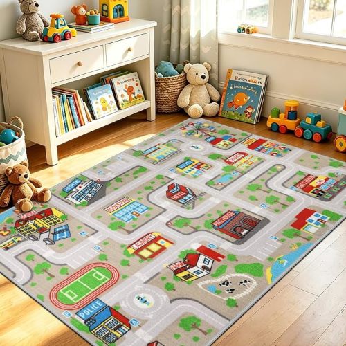 Capslpad Tan Car Road Kid Rug Carpet Playmat for Playoom Traffic Road Kids Play Mat for Toddler Non Slip Washable City Map Race Track Carpet Rug for Kids Room Bedroom Nursery Room Decor,6.6'x5'