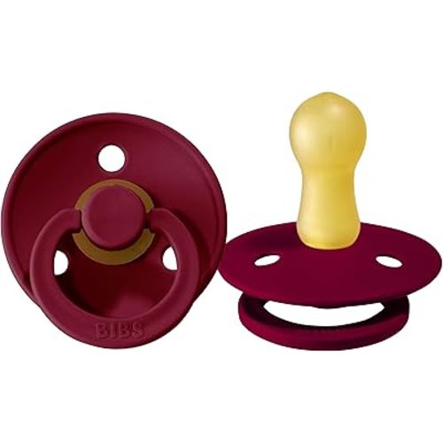 BIBS Colour Pacifiers | Set of 2 BPA-Free Latex Baby Pacifiers | Round Nipple | Made in Denmark (Ruby | 0-6 Months)