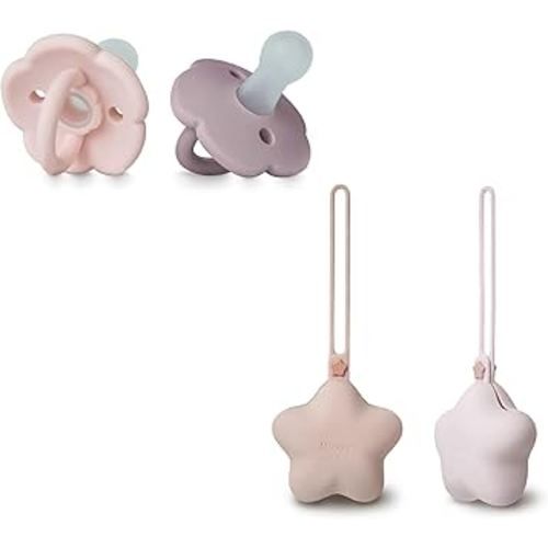 2 Pack Moonkie Silicone Pacifier Holder Case & Set of 2 BPA-Free Baby Pacifiers with Large Air Holes, Portable Storage for Babies 6 Months & Up