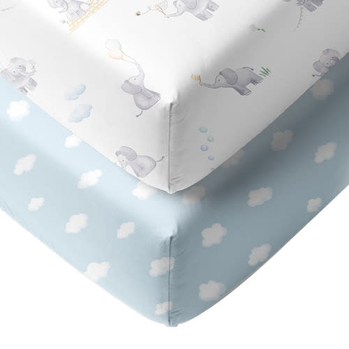 Living Textiles 2 Piece Elephant Playtime Organic Cotton Cot Fitted Sheet Set