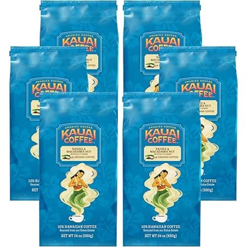 Kauai Coffee Ground Coffee – Smooth, Rich, Medium Roast – Slightly Sweet Nutty Flavor – Arabica Coffee, 10% Hawaiian with No Bitterness – Vanilla Macadamia Nut, 6 Packs of 24oz