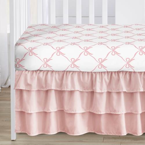 Sweet Jojo Designs Pink Bows Girl 4pc Nursery Crib Bedding Set White Bow Ruffles for Ballerina Ballet Dancer Princess Collection