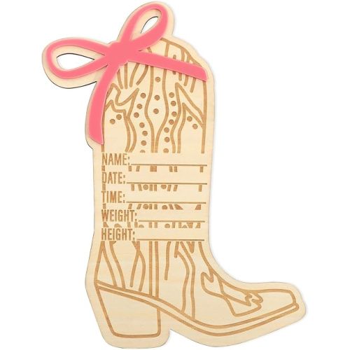 Wooden Baby Birth Announcement Sign - Hello World Newborn Photo Prop, Personalized Name & Date Plaque, Shower Decor, Nursery Keepsake for Newborn Photography (Cowgirl Bow&Boot Western Baby)