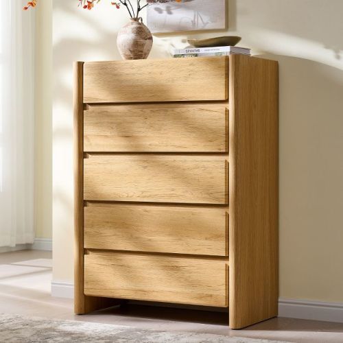 5 Drawers Dresser with Rounded Corner, Modern Wood Tall Chests of Drawers with Handleless, Natural