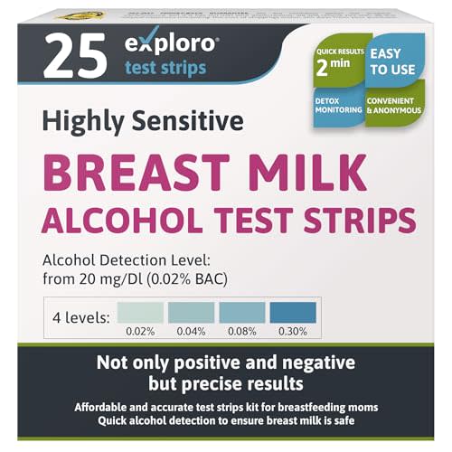 Exploro Breast Milk Alcohol Test Strips for 20 mg/dl, Breastmilk Alcohol Testing Strips for Mother's Milk, Alcohol Test Strips for Breastmilk Get Instant Results in 2 Minutes (Pack of 25)
