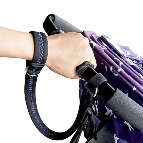 Baby Stroller Wheelchair Safety Wrist Strap or Large Dog Leash, Second Layer Security for Retractable Dog Leash, Black with Blue Stitching