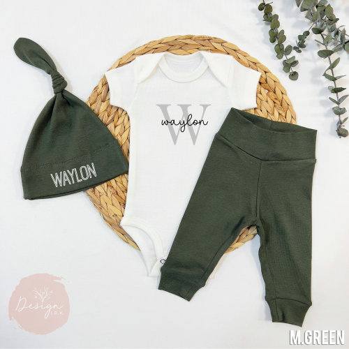 Baby boy coming home outfit with name, Newborn gift Personalized, with Leggings, Hat and Bodysuit Set