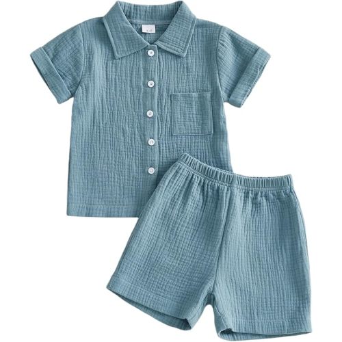 Baby Boys Clothes Set Toddler Infant Boys Button-down Shirt Tops + Cotton Gauze Shorts Summer Outfit 2PCS with Pockets