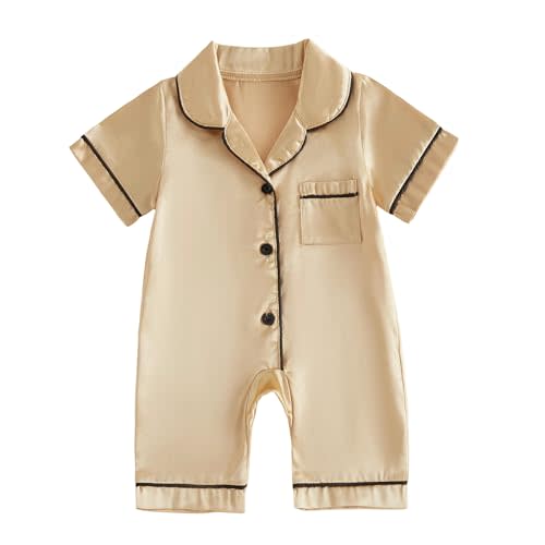 FULA-bao Newborn Baby Boy Girl Silk Pajamas Short Sleeve Button Up Satin Pjs One Piece Romper Onesie Shorts Baby Sleepwears