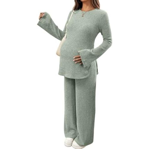 BLENCOT Maternity 2 Piece Outfits Ribbed Knit Long Sleeve Sets