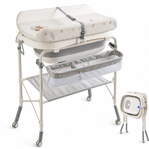 Rebrilliant 2-in-1 Foldable Baby Bathtub & Diaper Changing Table, Adjustable Height Portable Nursery Station with 4 Wheels, Waterproof Pad and Storage Rack for Newborns | Wayfair