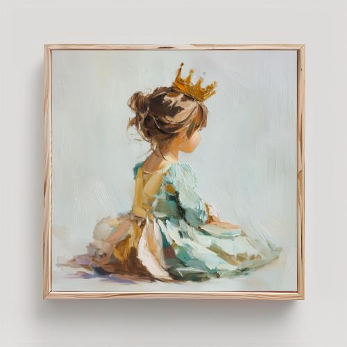 Brunette Girl Princess Art Print: Golden Crown Impasto Oil Painting