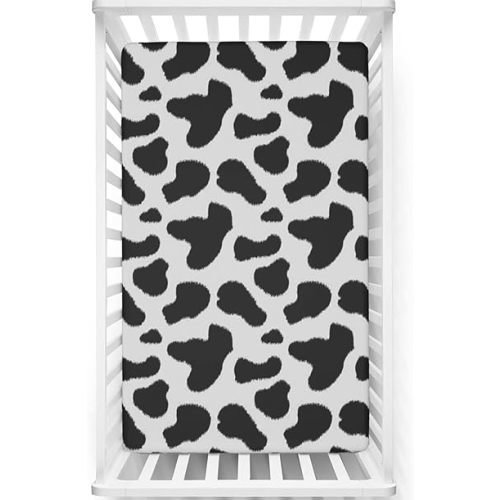 Cow Print Themed Fitted Mini Crib Sheets,Portable Mini Crib Sheets Soft & Stretchy Fitted Crib Sheet -Great for Boy or Girl Room or Nursery,38“ x24“,Charcoal Grey White
