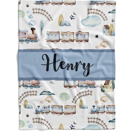 Personalized Train Theme Baby Blanket, Custom Name Locomotive Soft Fleece Throw, Choo Choo Train Nursery Bedding, Gentle Sky and Clouds Swaddle, Unique Railway Infant Gift