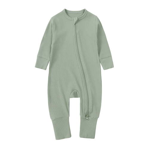 MEZZALL Baby Ribbed Pajamas Girls Boys Zipper Long Sleeve Romper Jumpsuit Versatile Loungewear, Light Green, 0-3 Months