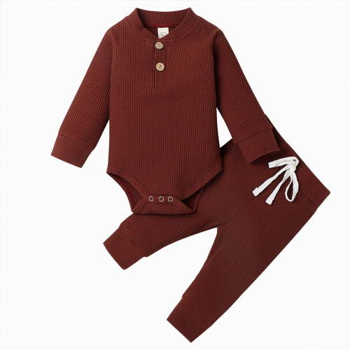WUANDIXFA Newborn Baby Boy Fall Winter Clothes Outfit 3 6 12 18 24 Months Embroidery Waffle Knit Romper Pants Sets,Coffee,0-3 Months